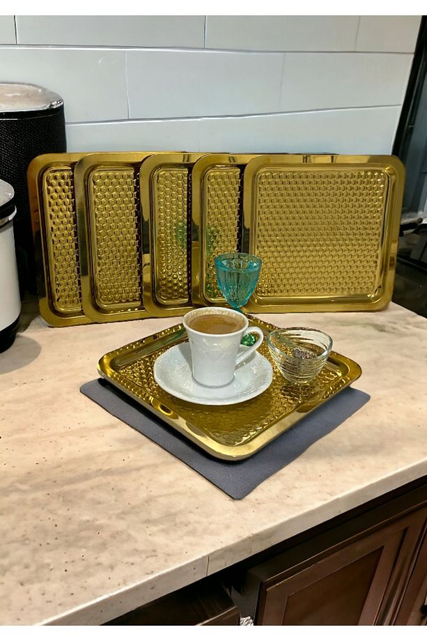 6 Adet Gold Altın Kare Damla Desenli Kahve Servis Sunum Tepsi & Tabağı (21X21CM) - 4