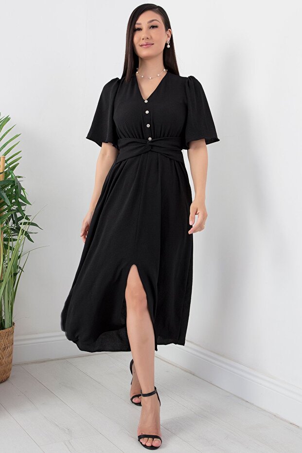 Önü Düğmeli Baplamalı Kemerli Elbise GRS3484 - 1