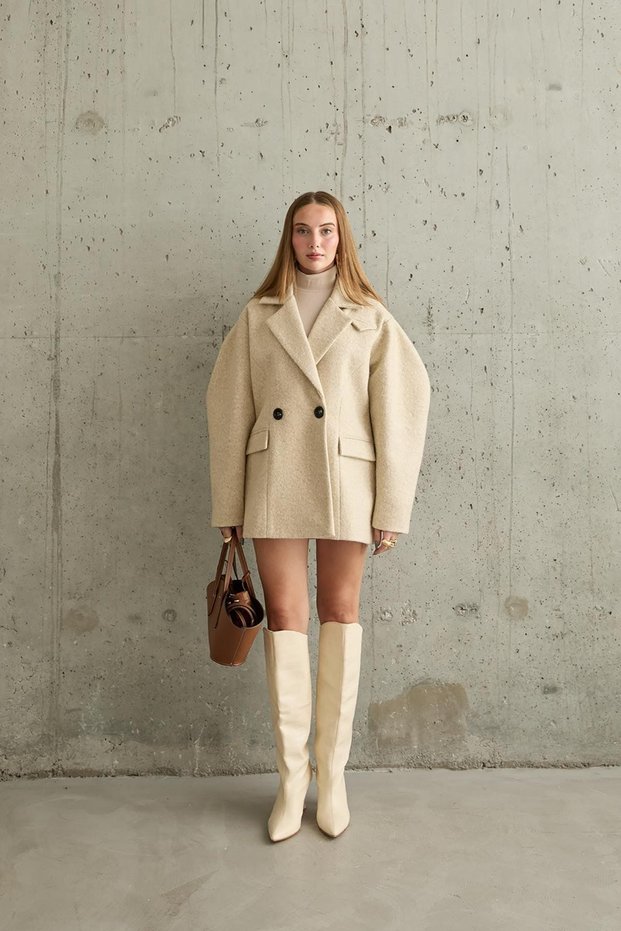 Buttoned Beige Short Coat