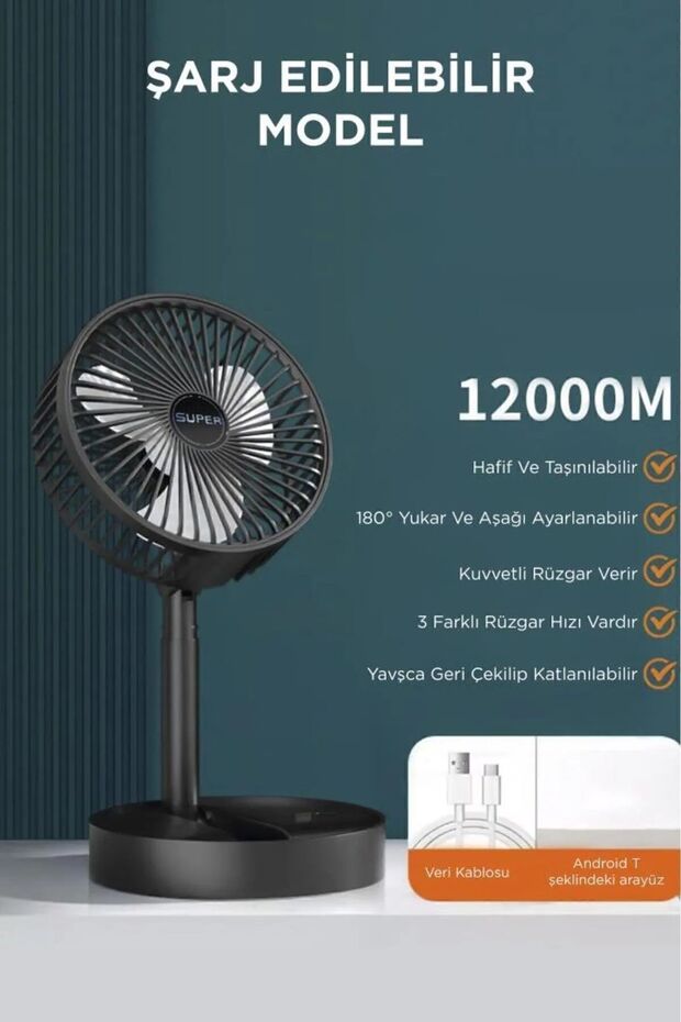 Taşınabilir Şarjlı Fan 3 Kademeli Vantilatör Klima Soğutucu Fan - 5