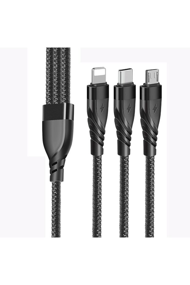 3in1 Type-C + USB To Lightning + Type-c + Micro Usb Şarj ve Data Kablosu SİYAH - 3