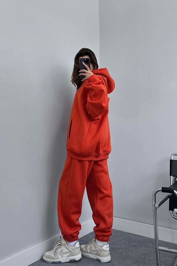 Kadın Oversize Trend  Model Kanguru Cep Kapşonlu Sweatshirt Eşofman Takımı - 3