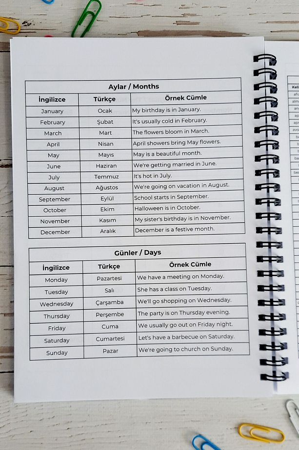 İngilizce Kelime Öğrenme ve Yazma Defteri / A-5 Telli Defter/A-1 / A-2- 250 Örnek Kelime/Ajanda - 7