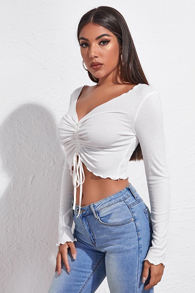 Kadın Beyaz Uzun Kollu Büzdürme Bağcık Detaylı Crop Top Bluz - 4