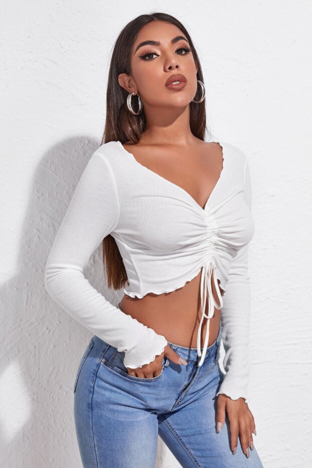 Kadın Beyaz Uzun Kollu Büzdürme Bağcık Detaylı Crop Top Bluz - 3