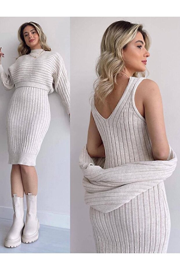 Knitted Fabric Dress Sweater 2-Piece Set