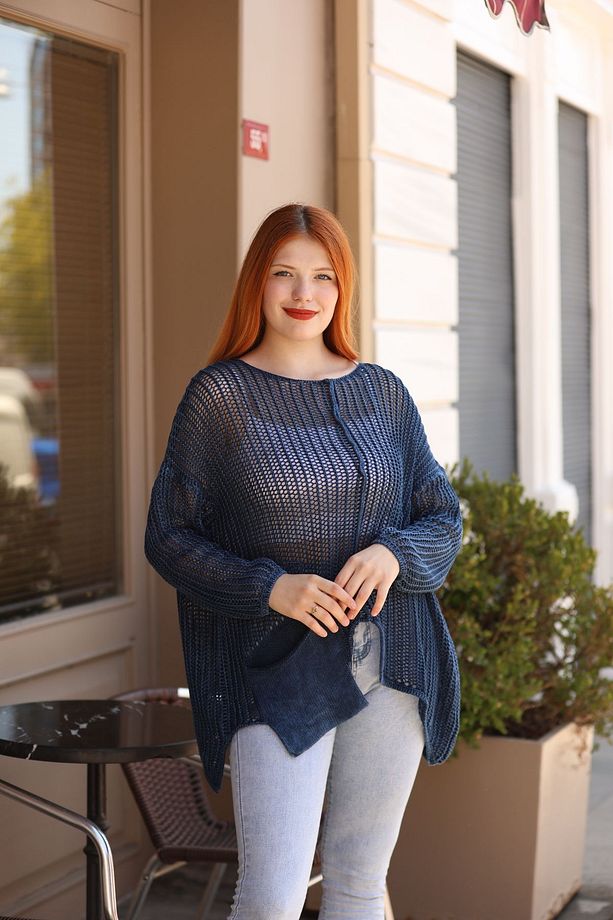 Kadın Lacivert Bisiklet Yakalı Torba Cepli Eskitme Salaş Oversize Pamuklu Triko Bluz Tunik - 2