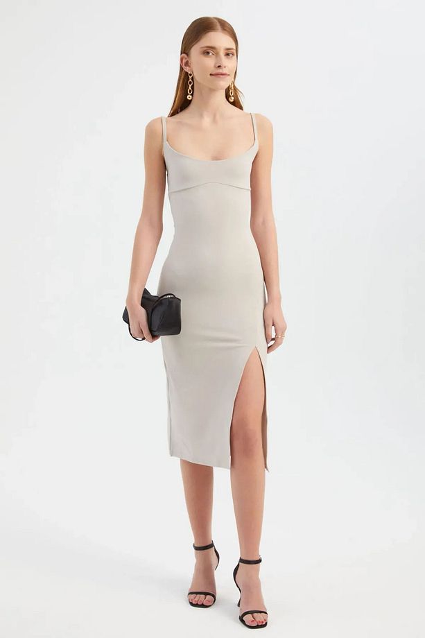 Yandan Yırtmaçlı İp Askılı V Yakalı Midi Bodycon Kıyafet - 1