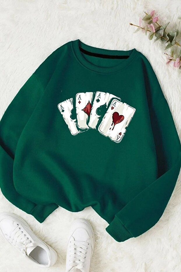 Green Digital Card Printed Unisex Oversize Sweatshirt - Crew Neck, Cotton