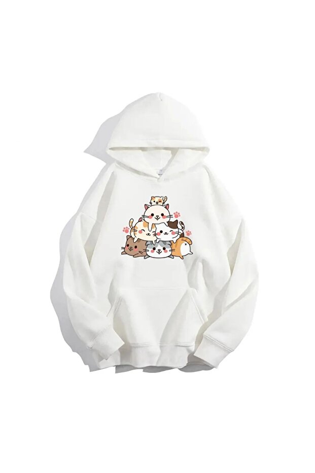 White Digital Cat Printed Unisex Oversize Hooded Cotton Sweatshirt