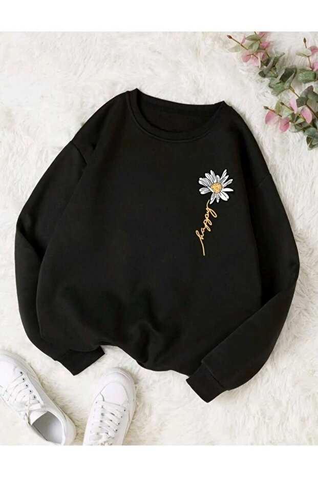 Women's Black Crew Neck Oversize Daisy Printed Sweatshirt