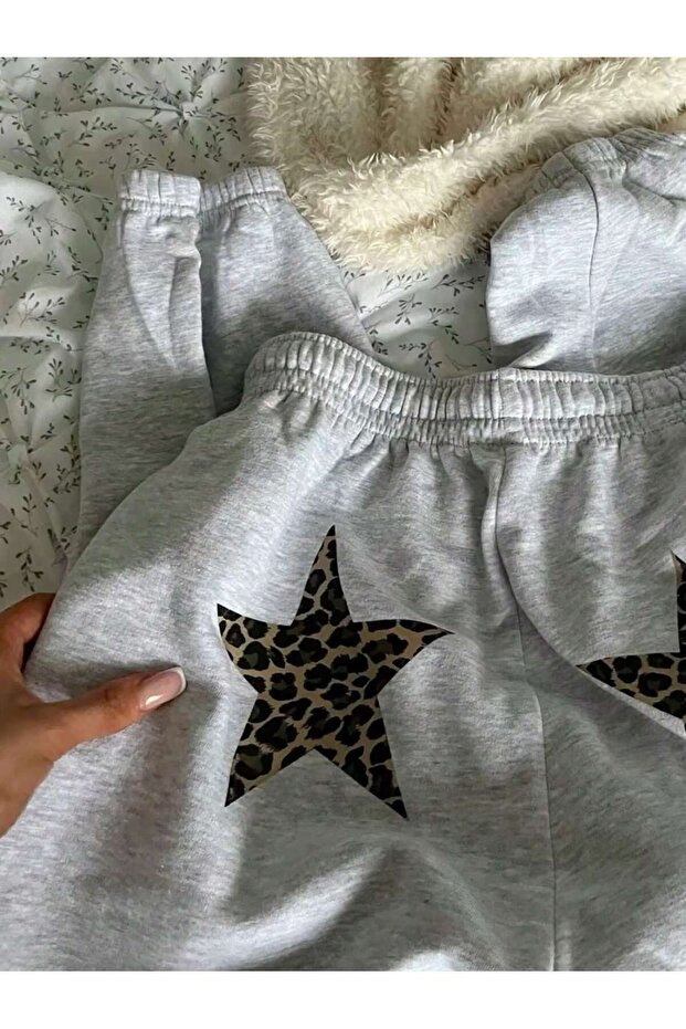 Yıldız Leopar Eşofman Altı Jogger - Gri Baskılı Lastik Paça Yüksek Bel - 2