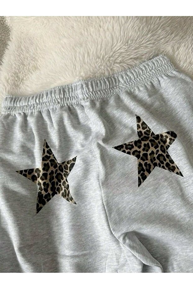 Yıldız Leopar Eşofman Altı Jogger - Gri Baskılı Lastik Paça Yüksek Bel - 4