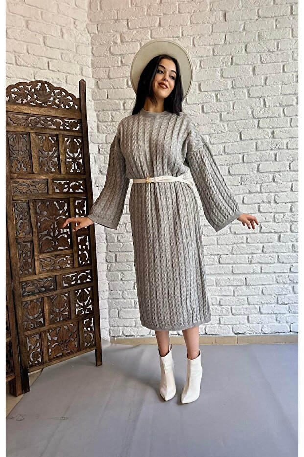 Gray Crew Neck Knitted Pattern Long Knitwear Dress