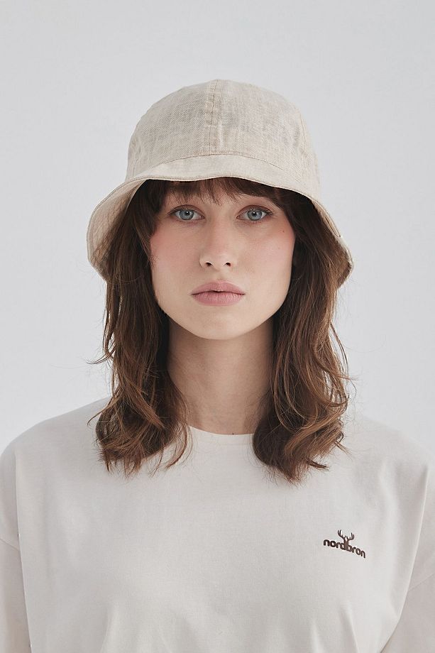 Unisex Bej Keten Logolu Nakışlı Detaylı Basic Kova Bucket Şapka Pamuklu İç Astarlı Cool Nolasco - 1