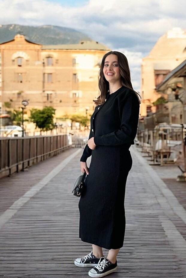 Ceketli Elbiseli Triko Takım - Siyah - 4