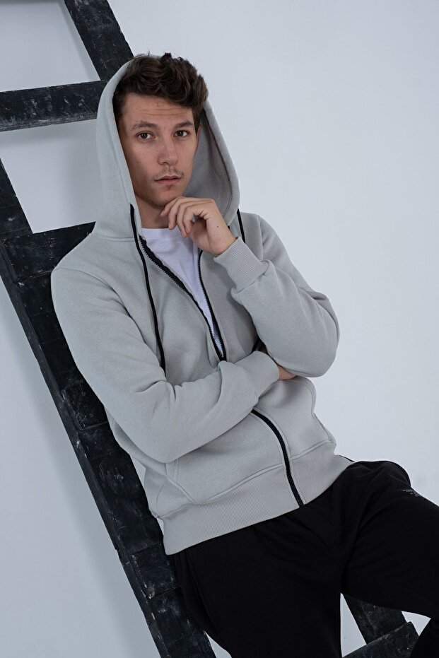 Men's Ice Gray Regular Fit Hooded Collar Zippered Soft Furry Inside Pocket Comfortable Sweatshirt