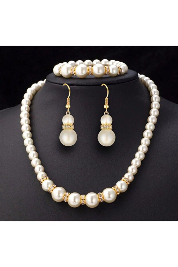 3-Piece Stone and Pearl Jewelry Set Bracelet Earrings Necklace