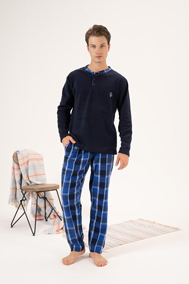 Men's Winter Buttoned Collar Checked Bottom Fleece Pajama Set