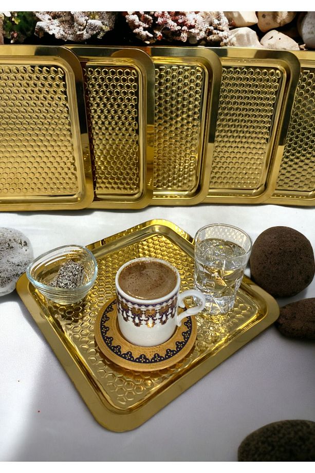 6 Adet Gold Altın Kare Damla Desenli Kahve Servis Sunum Tepsi & Tabağı (21X21CM) - 6