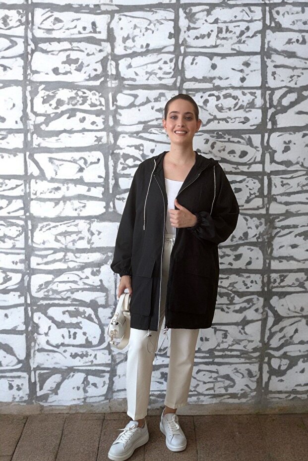 Fermuarlı Kapüşonlu Siyah Tunik - 1