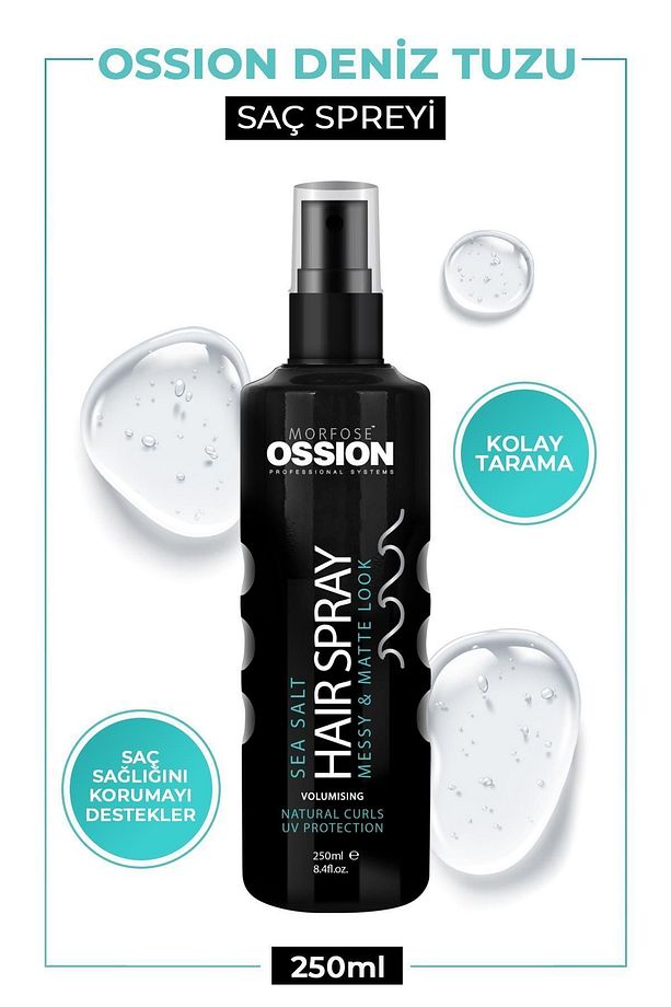 Ossion Deniz Tuzu Saç Spreyi 250 ml- Mat Görünüm, Doğal Dalgalar ve Isıya Karşı Koruma - 1