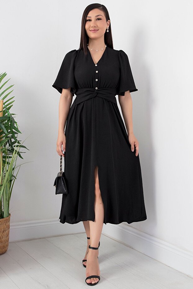 Önü Düğmeli Baplamalı Kemerli Elbise GRS3484 - 3