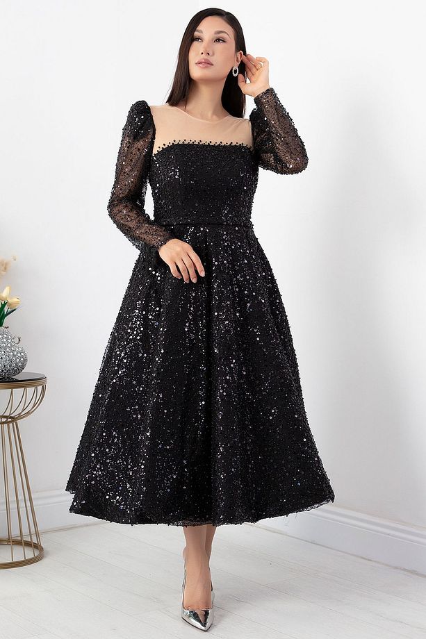 Göğüs Tül Detay Pulpayet Tül Elbise ECR5809 - 4