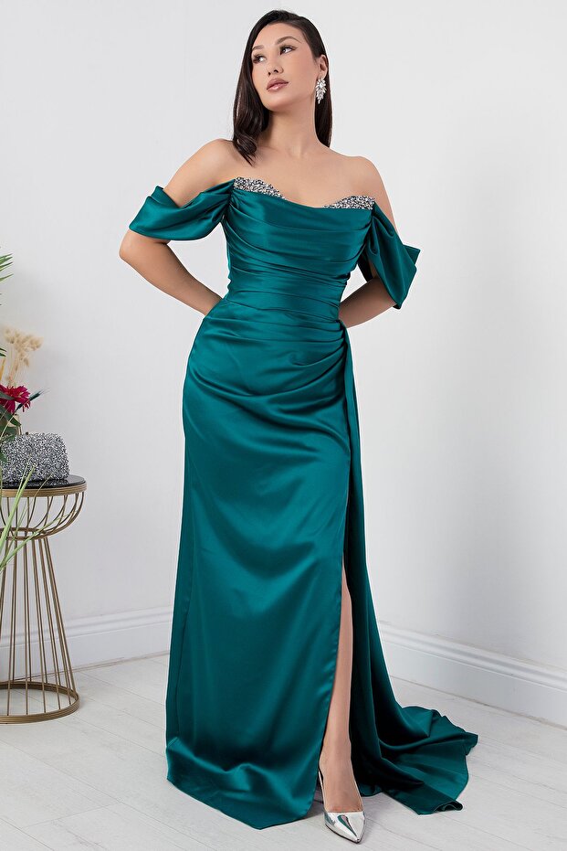 satin EveninG Dress - Chest stone DeTail, ECR5007