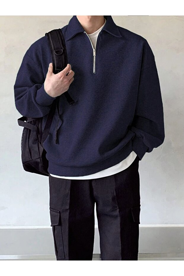 STORE Men's Polo Neck Oversize Sweatshirt Half Zipper Sweatshirt