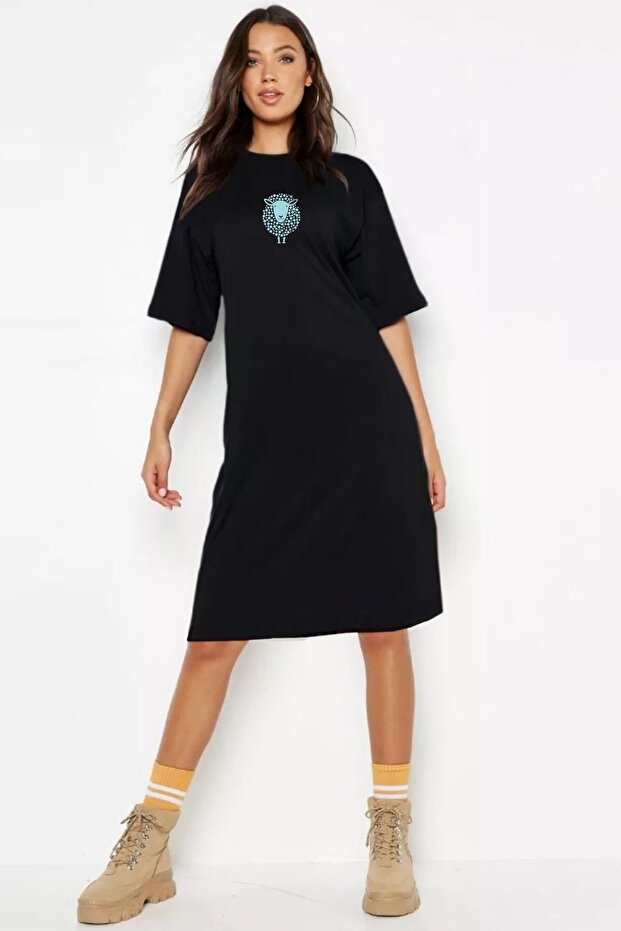 Spotted Lamb Black Short Sleeve Above Knee Mid Length Combed Cotton Dress