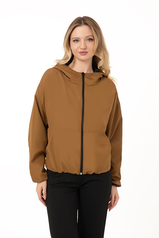 Women's Tan Hooded Water and Windproof Pocket Lined Inside Oversize Seasonal Raincoat