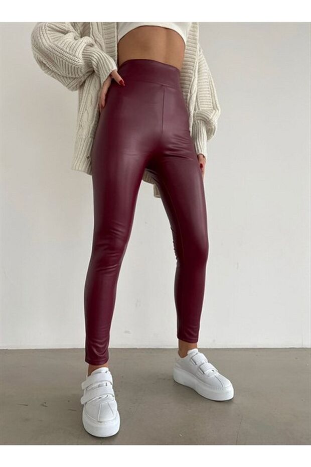 Claret Red High Waist Leather Leggings