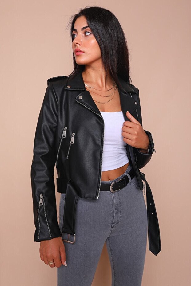 Women's Black Zippered Leather Coat-7134