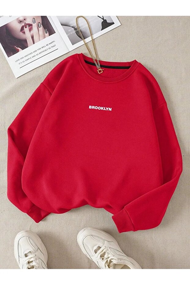 Unisex Red Oversize Cotton Sweatshirt - Crew NecK, Printed