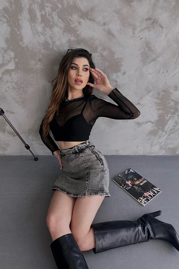 Kadın Antrasit Yırtmaç Detaylı Denim Şort Etek Bcdf-243309 - 3