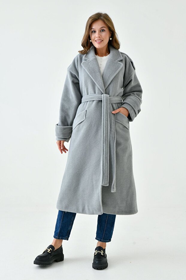 Women's Belt Detailed Double-Breasted Jacket Lapel Long Sleeve Lined Midi Length Gray Coat 9002