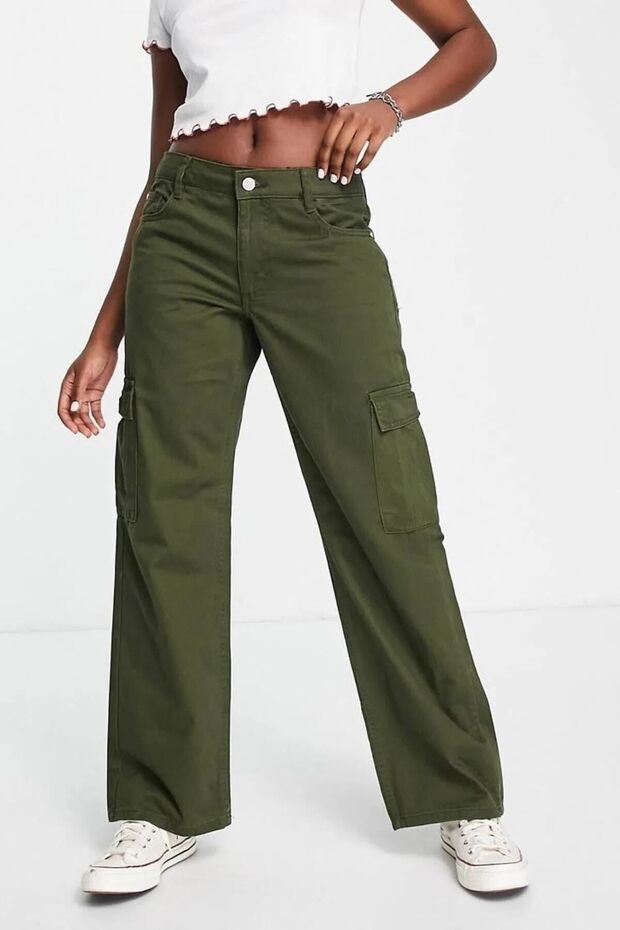 Lunas Khaki Cargo Loose Back Pocketless Lycra Super High Waist Jean Trousers