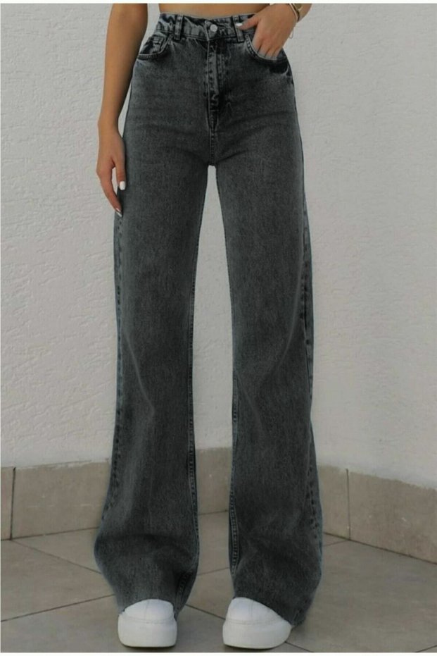 Serenity Ikon Smoked Snow Wash Women's Loose Lycra 90's Super High Waist Flared Jeans Palazzo Trousers