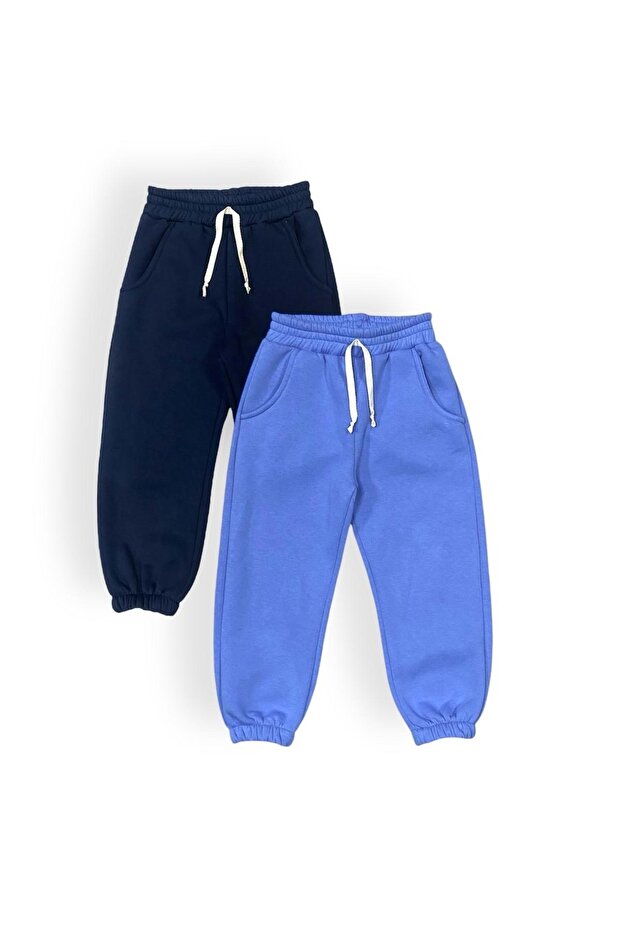 Cotton Set of 2 Sweatpants - Plain, 3 Thread Count Mnk0629 Dark Blue - Blue
