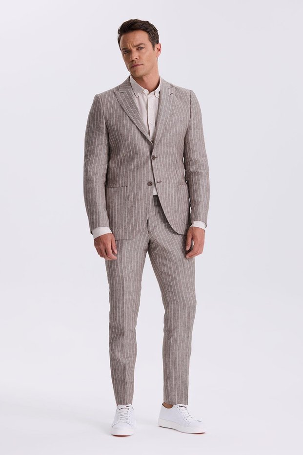 Brown Slim Fit Swallow Collar Double Slit 100% Linen Sports Suit