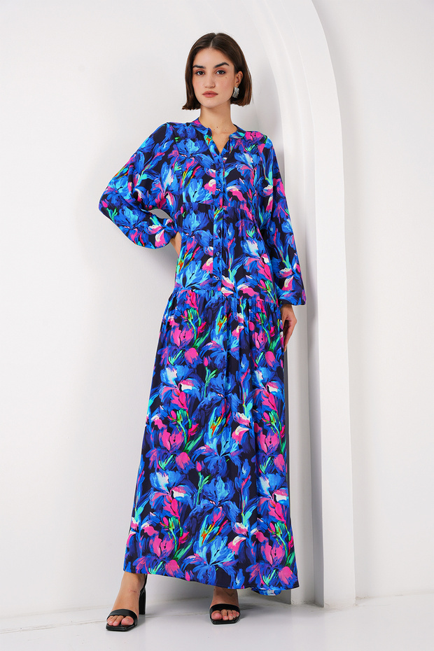 2423 Model Authentic Patterned Turquoise Dress - 2