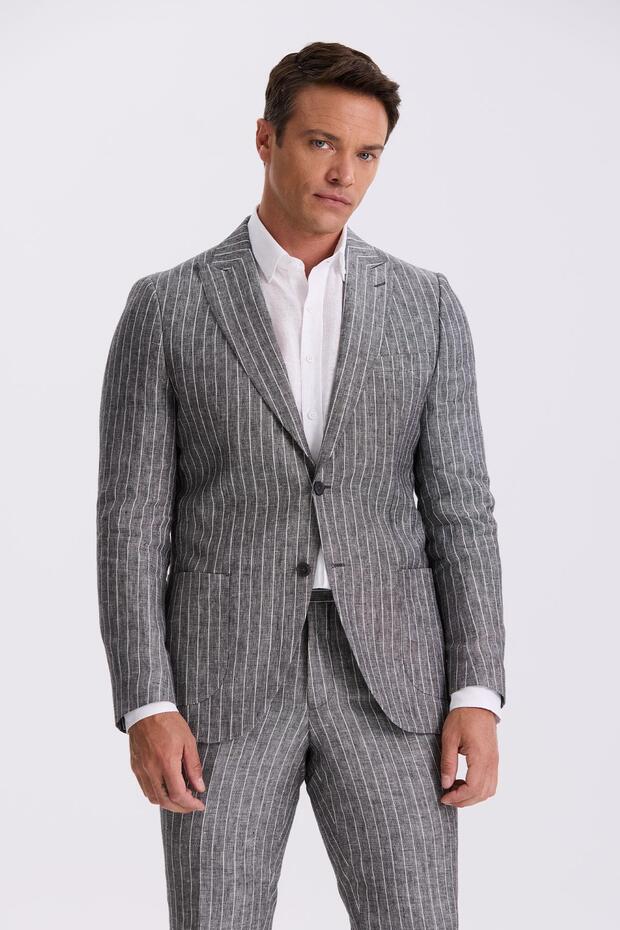 Black Slim Fit Swallow Collar Double Slit 100% Linen Sports Suit