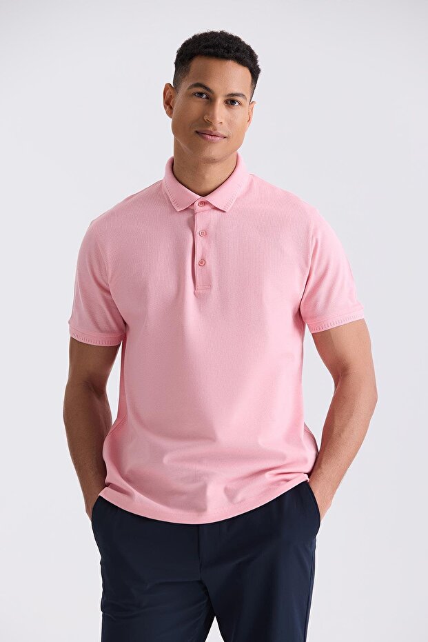 Pink Slim Fit 100% Cotton Mercerized Polo Neck T-Shirt