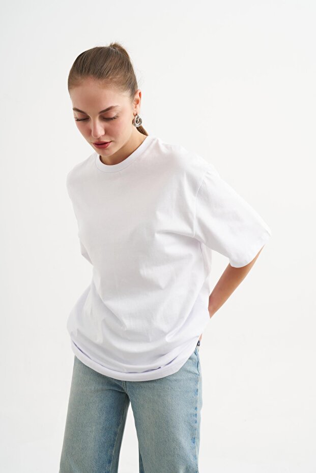 Λευκό Crew Neck Oversize Basic Tshirt - 2