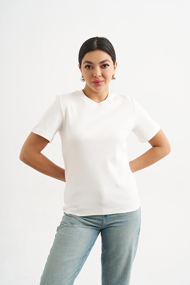 Beyaz Basic Bisiklet Yaka Tshirt - 2