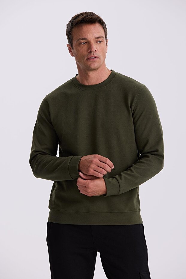 Khaki Slim Fit Crew Neck Basic Cotton Lycra Sweatshirt