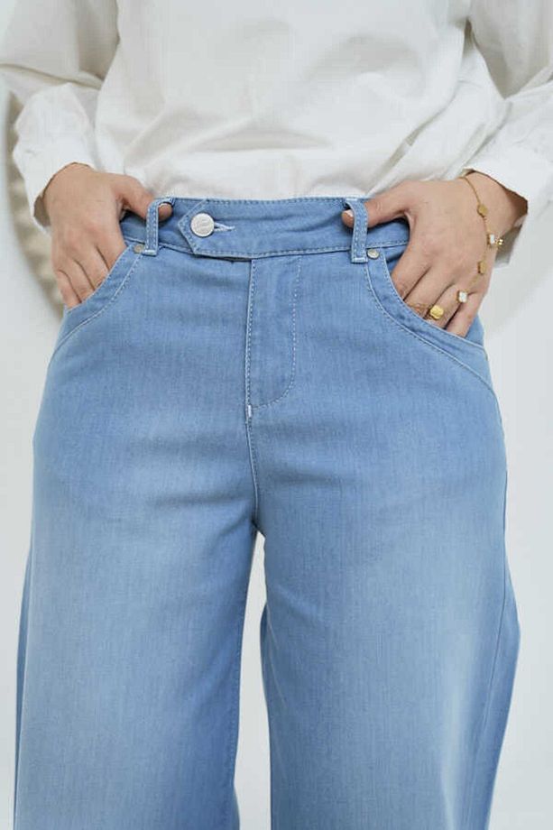 1067-Denim Bol Paça Pantolon Açık Mavi - 1