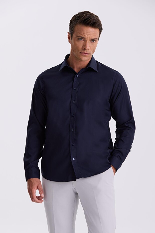 Navy Blue Comfort Fit Non-Ironing 100% Cotton Non-Iron Shirt
