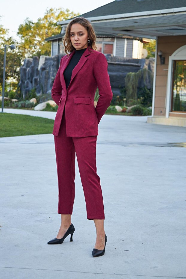 مجموعة تأثير الصوف ذات الزر الواحد باللون العنابي - 6